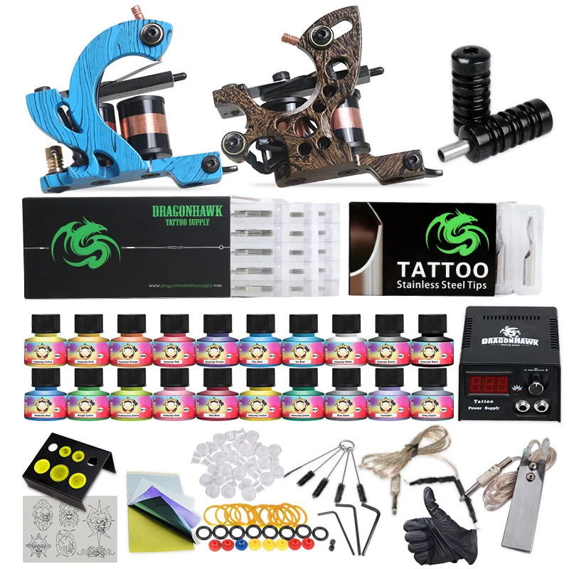 

Beginner Tattoo Kit 2 Machine Guns USA Color Inks Power Supply Needles, 20 colors