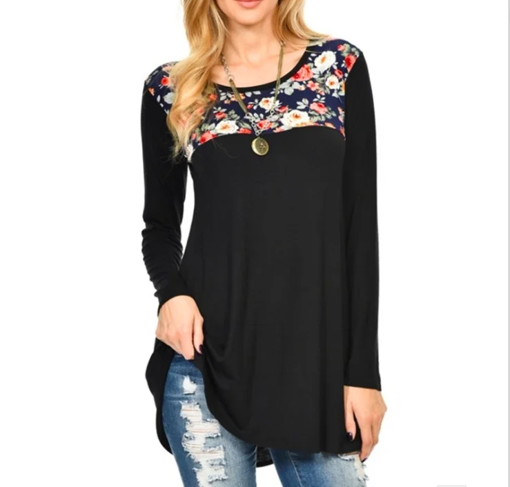 

Wholesale Women Long Sleeve Floral Sleeve Tunic Tops, As pic showing