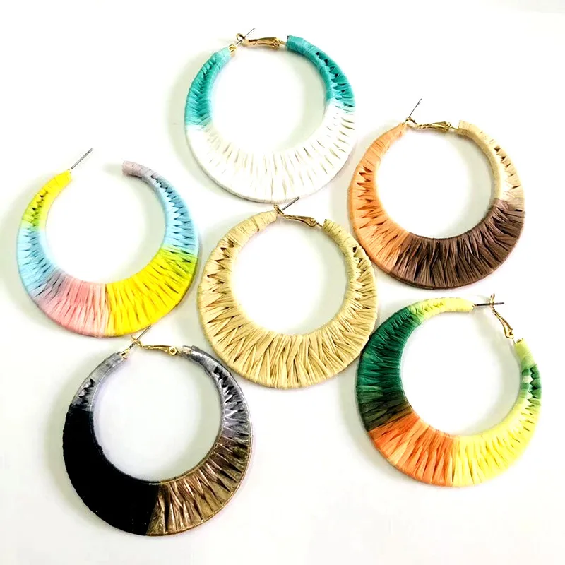 

Jewelry Woman Hoop Raffia Lafite Stuid Big Dangle Colourful Handmade Straw Earring