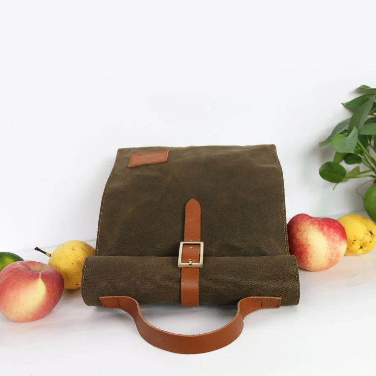 customized waxed canvas lunch bag with leather handle pattern, View