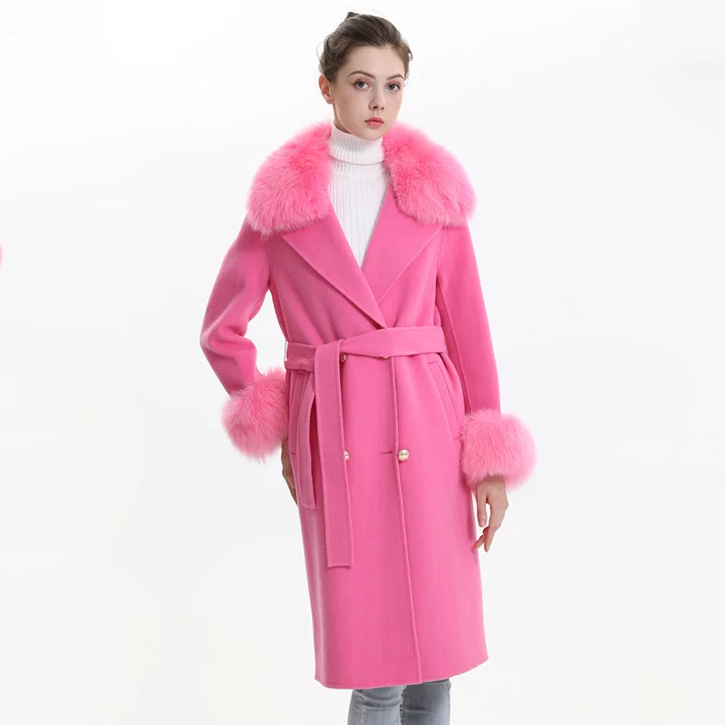 

Europe USA Fashion Cashmere Long Coats Women Wear Wool Blend Coat Online Wholesale Real Fox Fur Double Face Coat with Belt