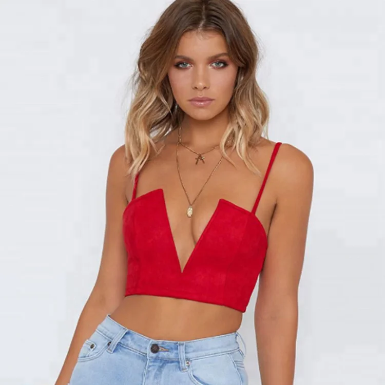 

Summer wear suede wrapped chest strap deep V-neck women's athletic crop top
