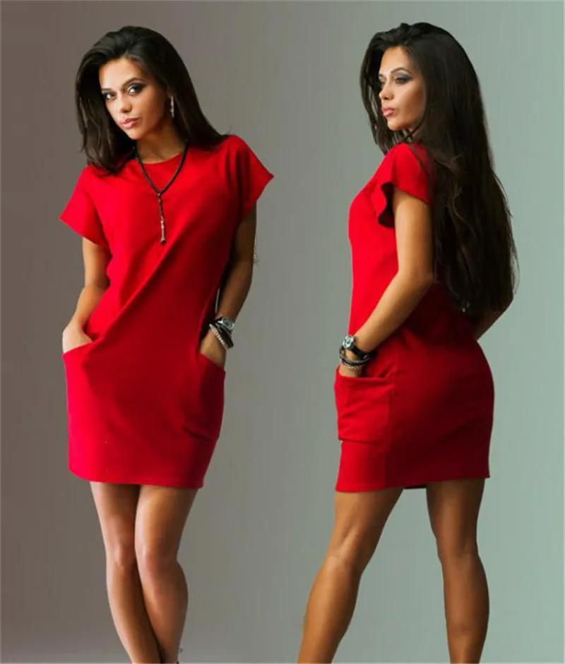 Cuhakci Fashion Casual Lady Dress Pocket Mini Red Purple Black Dresses Solid Color Dress Women Batwing Short Sleeve Cotton Loose - Buy Lady Dress,Casual Dress,Black Dresses Women Product on Alibaba.com