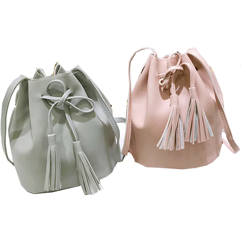 

2019 Korean Style Summer Retro Pu Solid Color Cute Tasseled Drawstring Bucket Single Shoulder Slanting Women Leather Handbags, Customizable