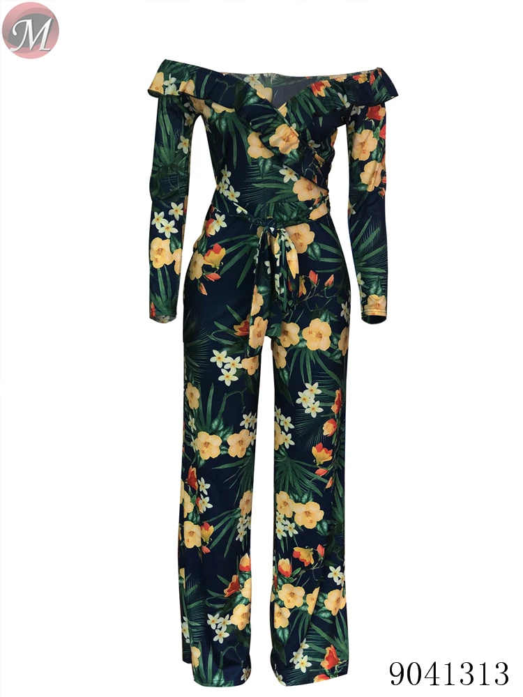 9041313 Off shoulder floral printed wide leg jumpsuit women