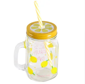 Image of Lovely Candy Glass Mason Jar Cup Fruit Ice Cream Infusion Lemon Watermelon Pattern Drink Glass Cups With Straw