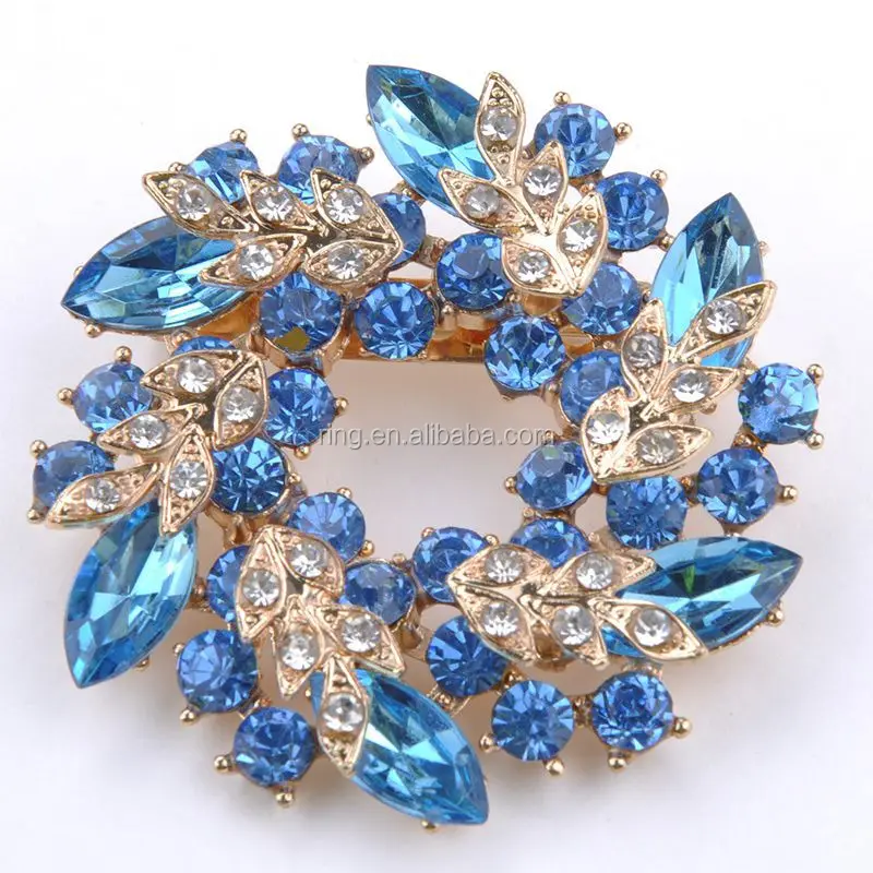 

Bulk jewelry fashion Beautiful Rebud Flower Wreath Blue/Pink/Green/ Rhinestone initial brooches