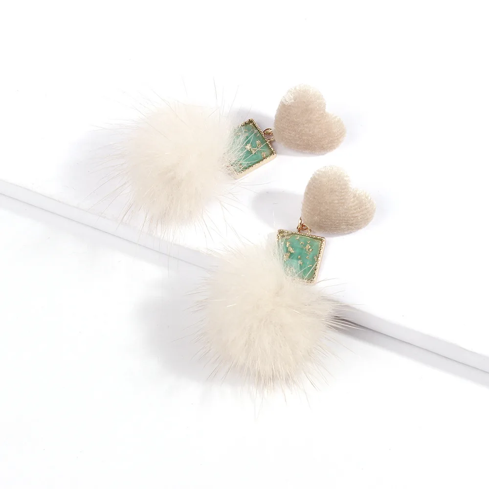 New Arrival Winter Fashion Heart Big Fluffy Pom Pom Fur Ball Dangle Earrings