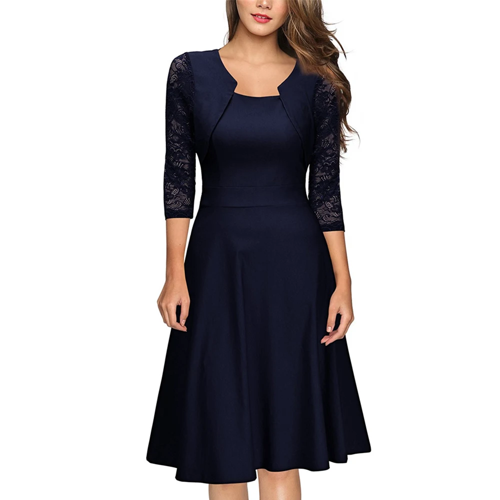 

Fashion Business Wear Lace Stitching Midi Office Dresses L36158-1, Blue;red;black