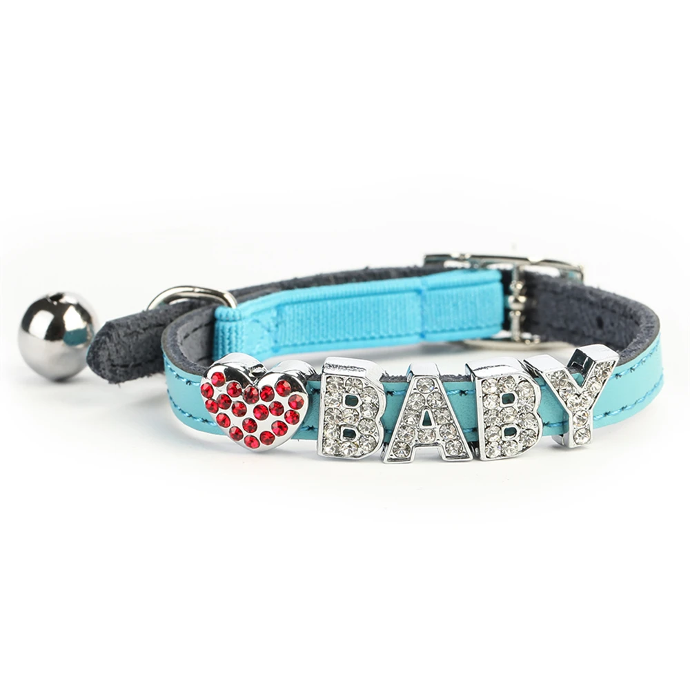 

10MM Bling Personalized Genuine Leather With Rhinestone Crystal Letter Charms DIY Bell Cat Collar, Pink ,red, black, blue, brown, purple, customized colors