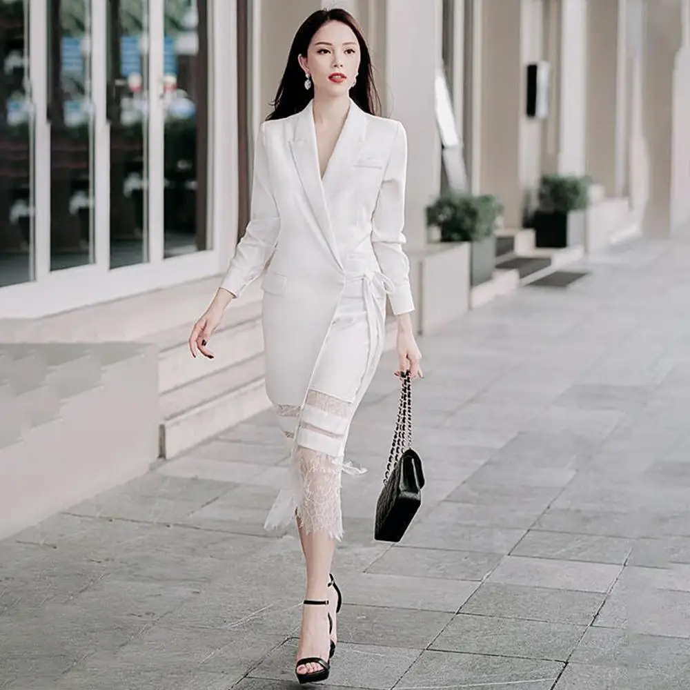 

2018 Latest Design Long Sleeve Suit Dress Bow-Knot Front Lapel Style Elegant Women Autumn Dress With Lace, Shown