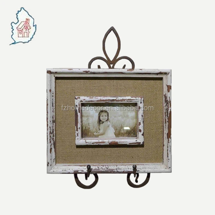 Decorative Wooden Photo Frame With Linen Center Decor And Metal