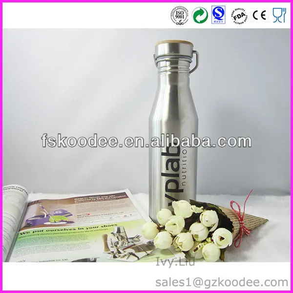 Single wall sports stainless steel water bottle with Bamboo Lid