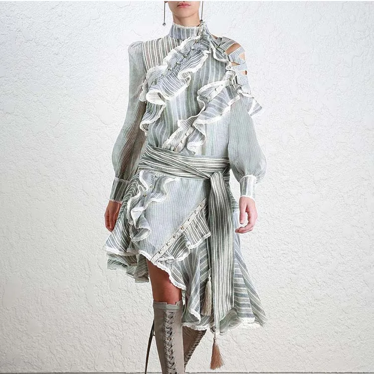 

MIGO 2018 summer new style long sleeve strapless collar with irregular stripes fashion dress for women wear A2235, Grey