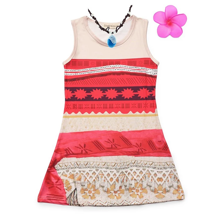 

Girl Summer Dress Moana with Necklace Kids Adventure Outfit Children Princess Beach Party Cosplay Costume Girl Nightgown, As picture