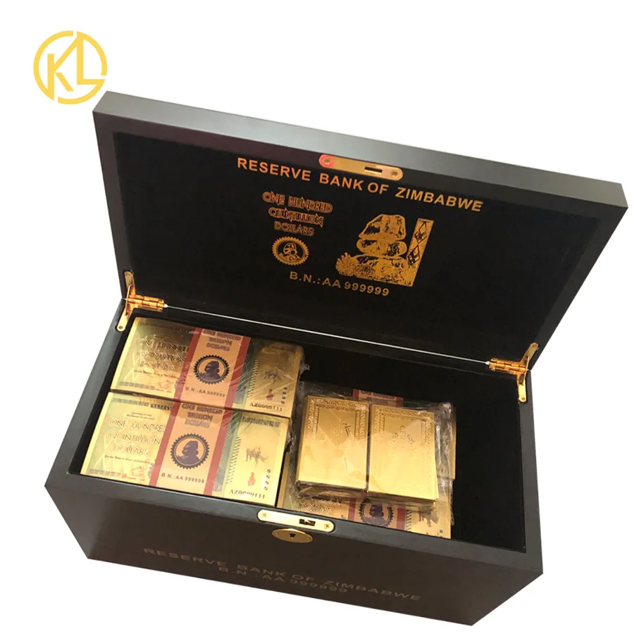 

Wholesale 1000 pcs each box Zimbabwe 100 Trillion/Quintillion Dollar Gold Banknote with wooden box Gold Foil Zimbabwe Banknote