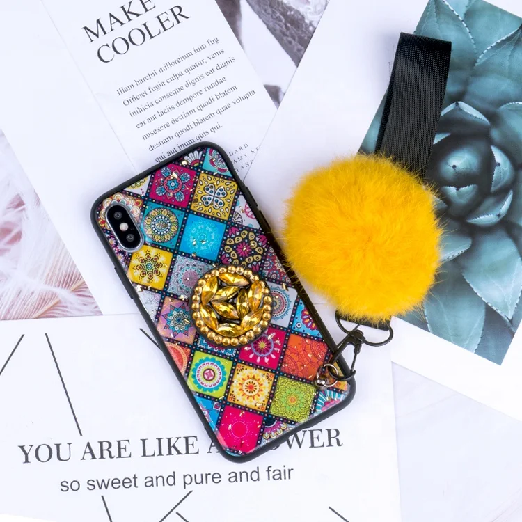 

Factory Manufacturer Bling Bling Fashion Diamond Holder Fur ball Phone Case for iPhone X 6 7 8