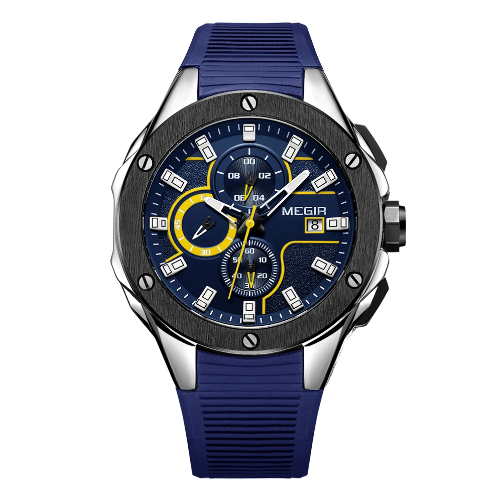 

2017 Megir 2053 Brand Stainless Steel Back Wrist Watch Quartz Sport Silicon Man Watch