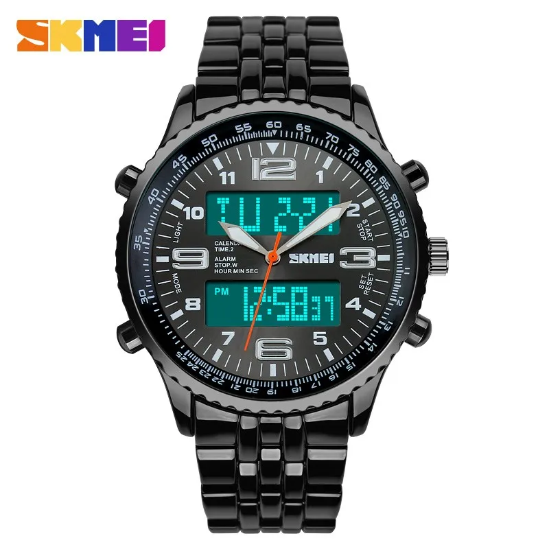 skmei 1032 dual time watch led analog clock classic black stainless steel wristwatch 30m waterproof dive men luxury quartz watch