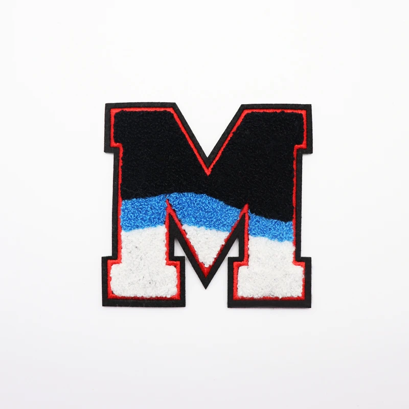 

Personalized multicolor letters M chenille embroidery patch for sportwear/bags/baseball cap