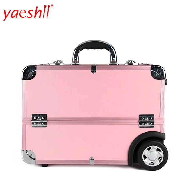 

Yaeshii professional aluminum rolling trolley nail polish storage carrying pink organizer box makeup artist train case, Pink/black