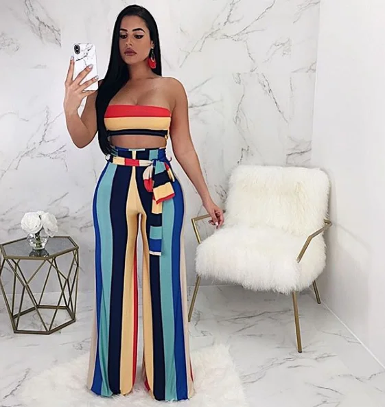

Digital printing popular multi-color striped women's trousers wide-leg pants wrapped chest two-piece suit LZ-320 sexy club dress