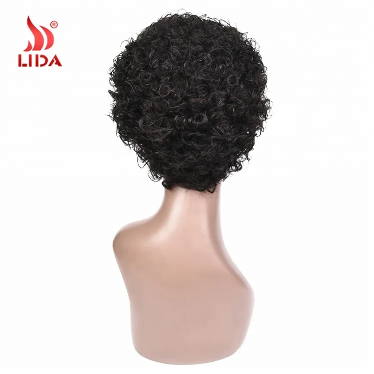 
Lida short kinky curly afro pixie beauty wig 1B# 6377 peruvian wig 
