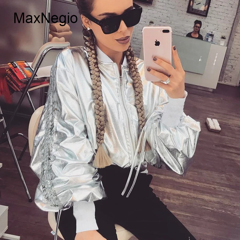 

Maxnegio Autumn Latest Silver Leather Zipper Jacket Blank Woman Coat, Silver or customized color