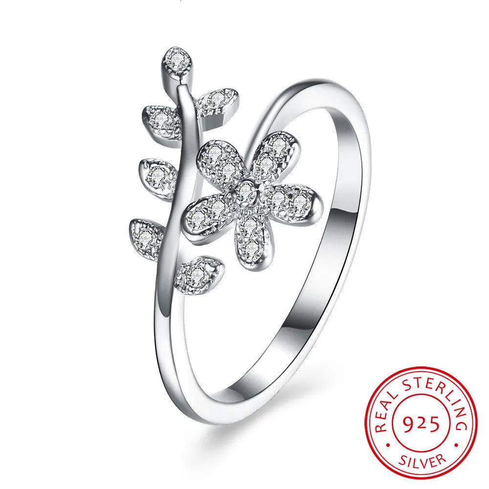 

jewelry flower and leaf design open size 925 sterling silver rings for women