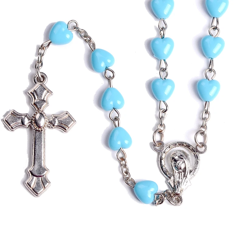 

Wholesale cheap blue heart shape beads catholic rosaries from manufacturer gift for friends