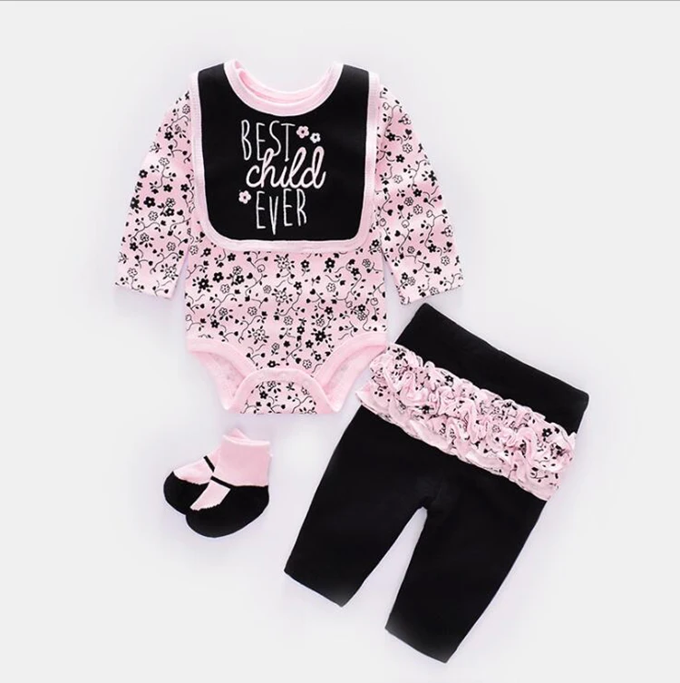 

Cheap price longsleeve 100% cotton baby wear with baby bibs and baby socks Hot Sale Newborn clothing set, As pictures