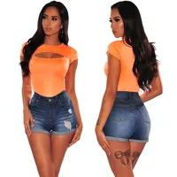 

90510-MX38 good quality high waist shorts ripped jeans women