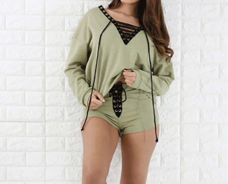 Wholesale 2 Piece Long-Sleeved Shorts Sport Tracksuit Sexy Gym Set Women