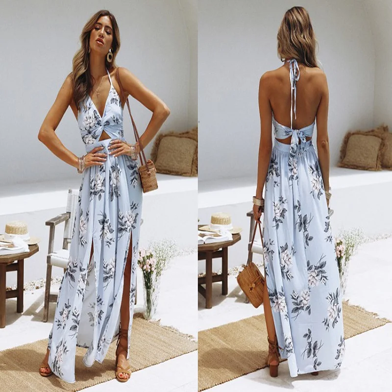 

Womens Summer Boho Maxi Long Dress Party Beach Dress Floral Halter Dress