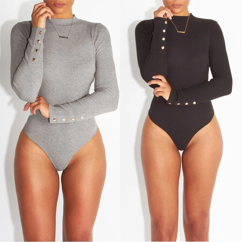 

Sexy woman v neck black long sleeve knitted bandage romper custom jumpsuits for women, Red;khaki;gray;black