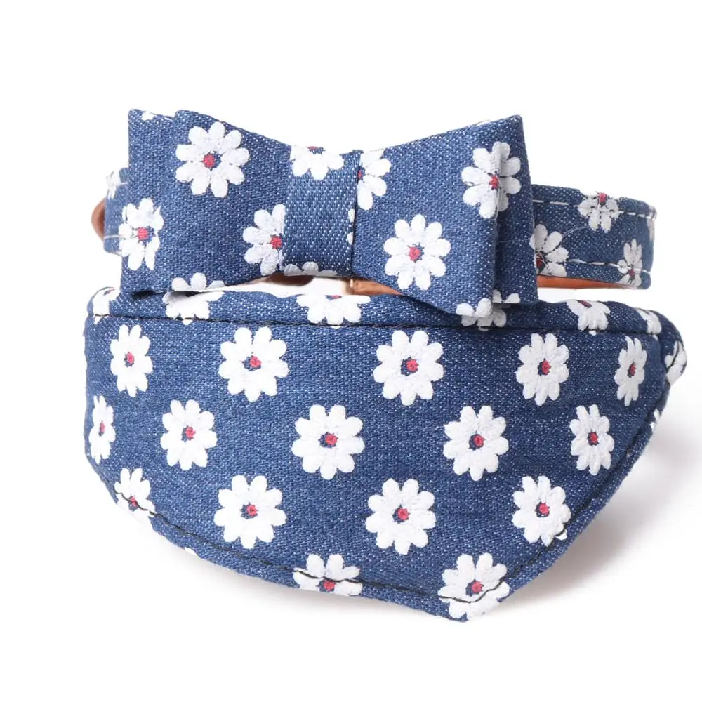 

wholesale pet supplies fashion flower print bow tie dog collar and tweed pet dog bandana set, Blue