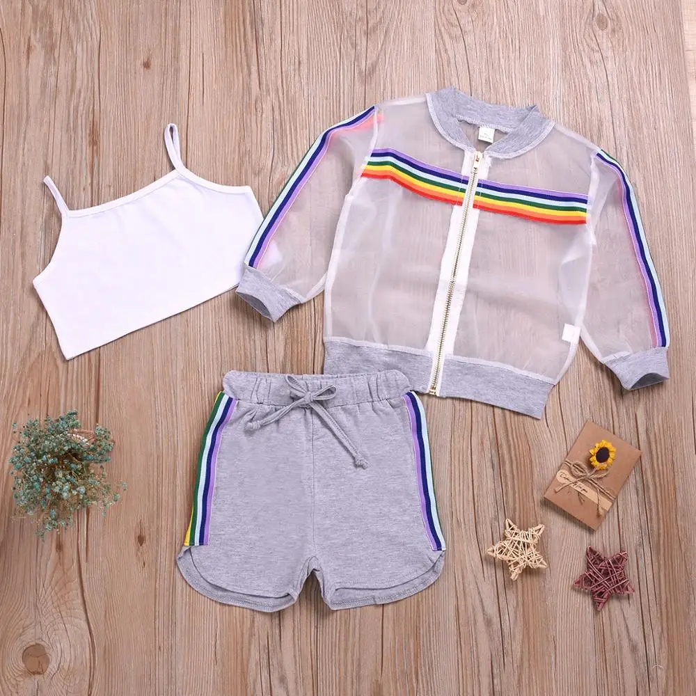 

Toddler Girl 3 Pcs Outfit Set Long Sleeve Transparent Organza Rainbow Coat +White Vest + Shorts Kid Girl Sports Clothing Set, Gray white pink
