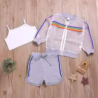 

Toddler Girl 3 Pcs Outfit Set Long Sleeve Transparent Organza Rainbow Coat +White Vest + Shorts Kid Girl Sports Clothing Set