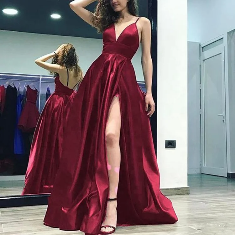

Rose madder spit front satin sexy evening gown prom dress new arrival colorful