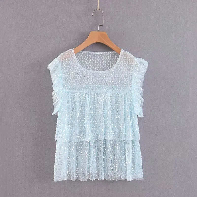 

Summer new women's translucent round neck sequins decorated ruffled tops