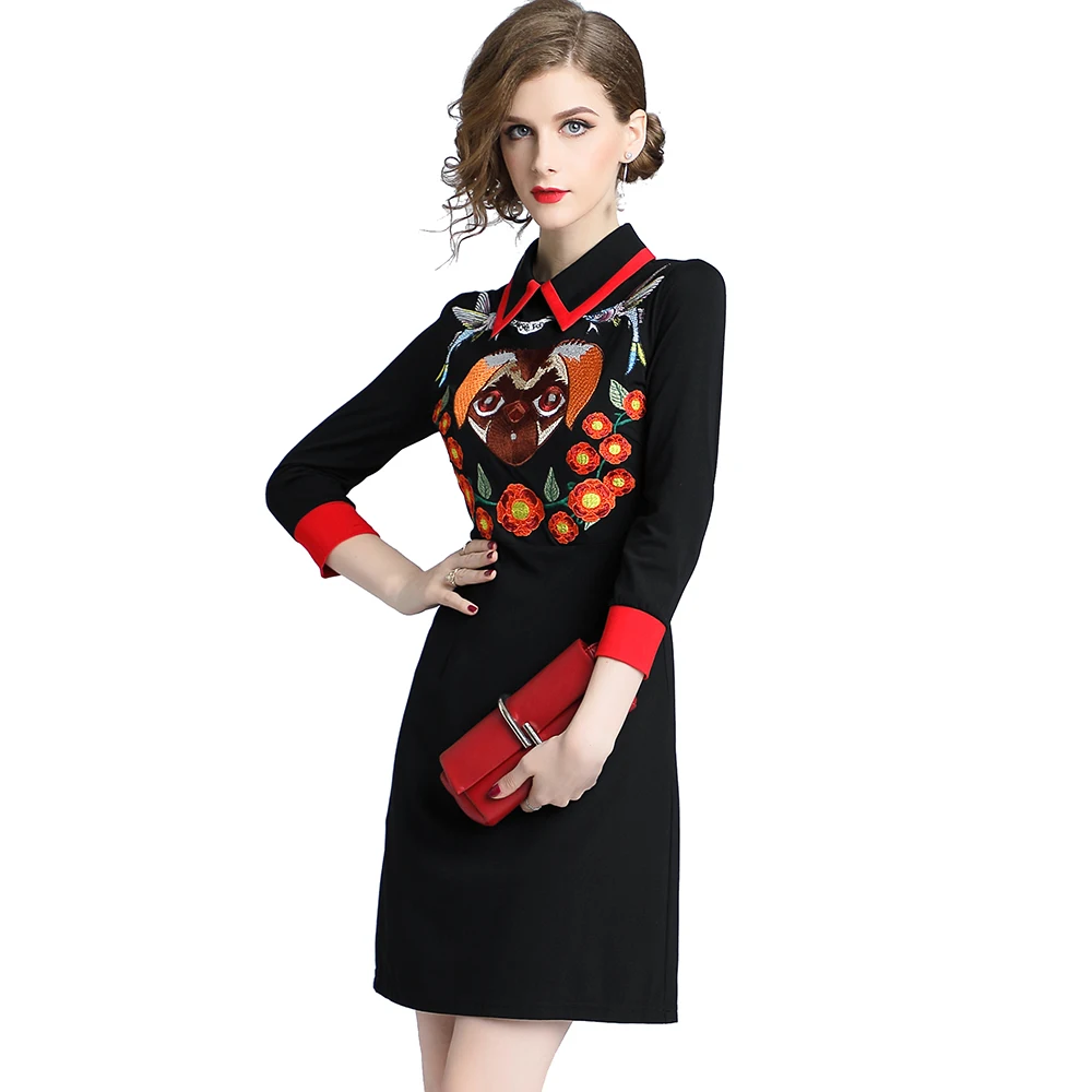 

Wholesale in Stock Turn Down Collar Color Block Patchwork Long Sleeve Embroidery A Line Mini Dress, Black