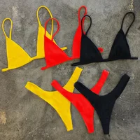 

2020 Wholesale Summer Swimwear Women's Fashion Ribbed Pure Color Buckle Backless Thong Bikini