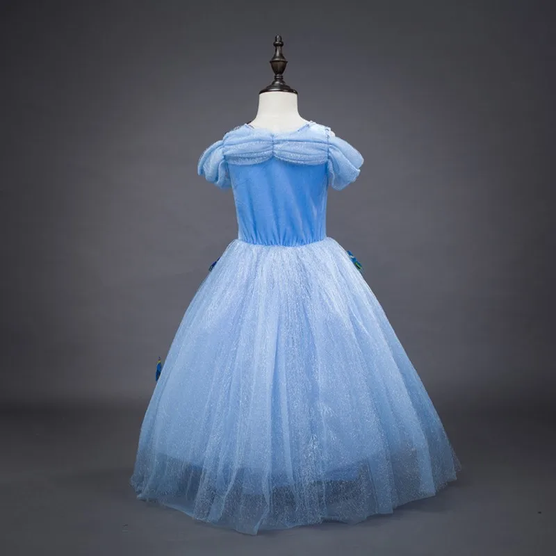 2019灰姑娘女孩礼服蓝色公主派对礼服与蝴蝶孩子舞会礼服角色扮演服装