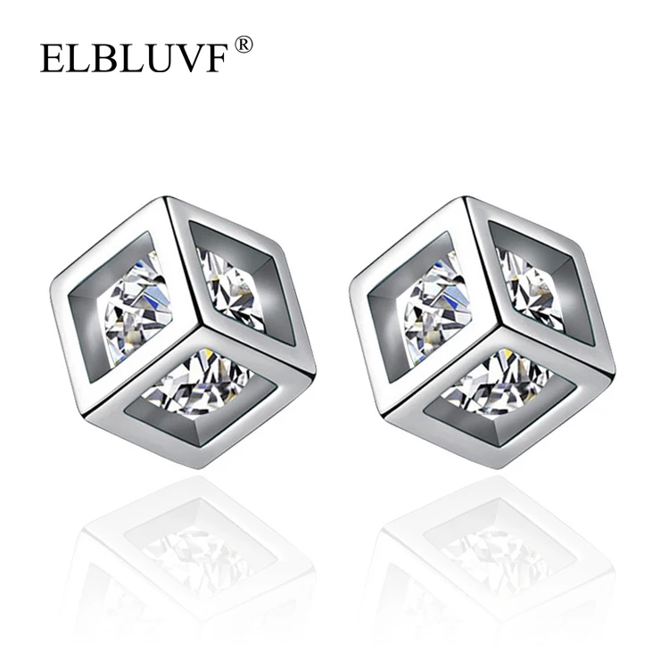 

ELBLUVF Copper Alloy Zircon Women Jewelry Three-dimensional Square Cube Earrings Wholesale 925 Silver, White gold