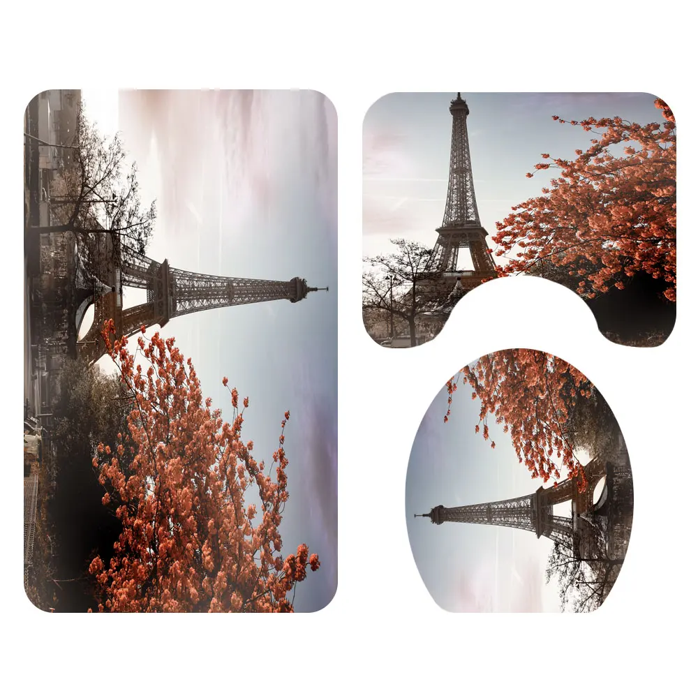 Amazon hot selling waterproof polyester fabric 4 piece bathroom rug mat and shower curtain sets