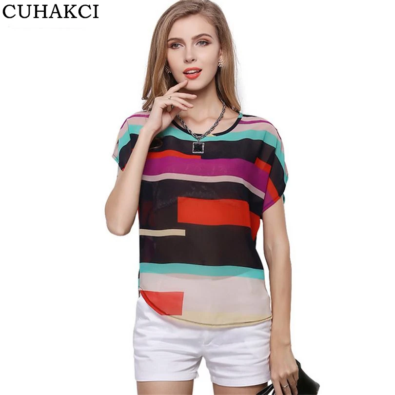 

Summer Women Chiffon Tops Shirt Clothing Short Sleeve Plus Size Cross Stripe Ladies Blouses, Contrast color