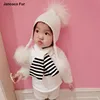 Fashion Christmas Beautiful Natural Fur Pompom Hat Warm Knitted Custom Kid Hats with Fur Balls