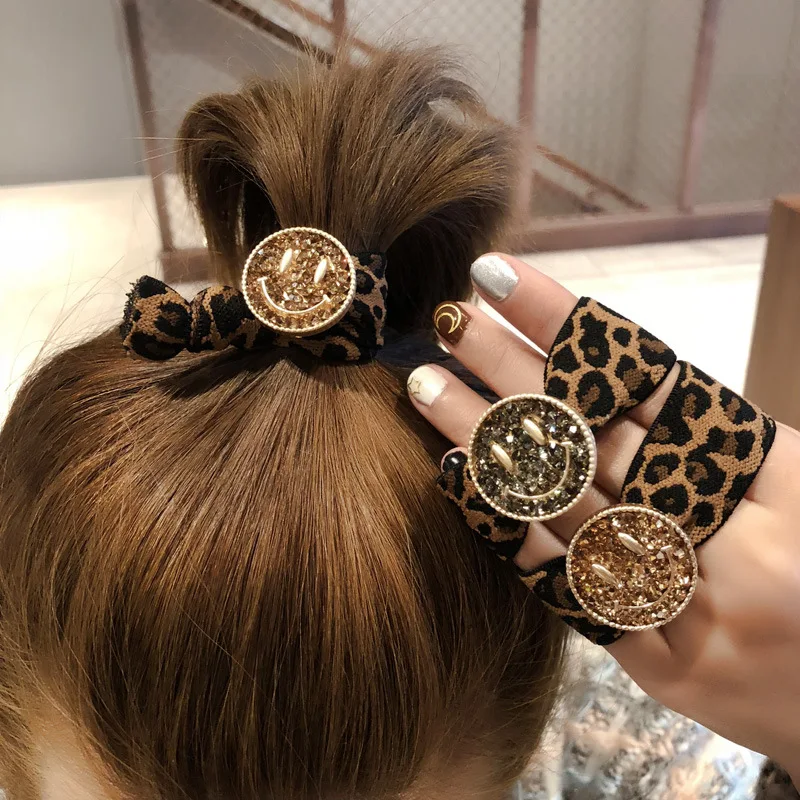 

Korean style hair bands with diamond smiley face rubber band hair ring ins hair rope leopard, Picture