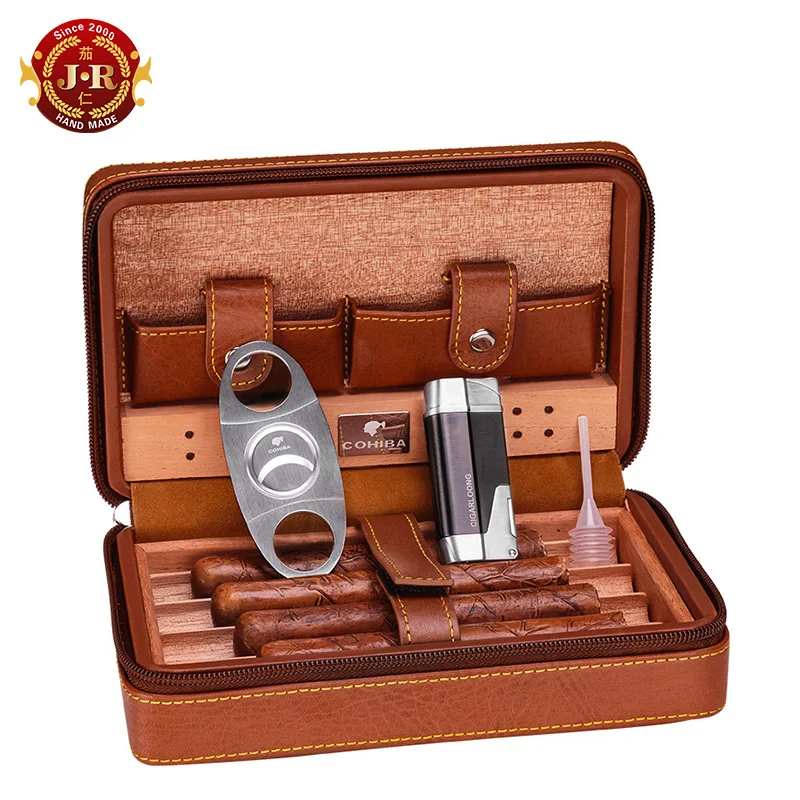 

COHIBA Black/Brown Leather Cedar wood Lined Cigar Case Humidor With Lighter Cutter Humidifier Set HH-1040, As required