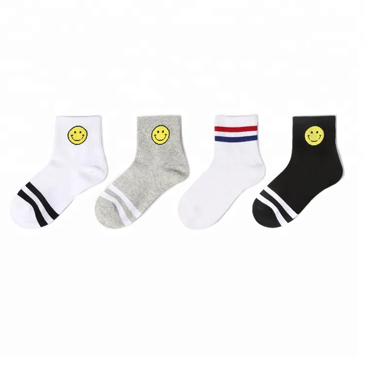 

Wholesale Custom Two Lines Baseball Custom White Crew Cotton Children Student School Socks, White color with lines and smile